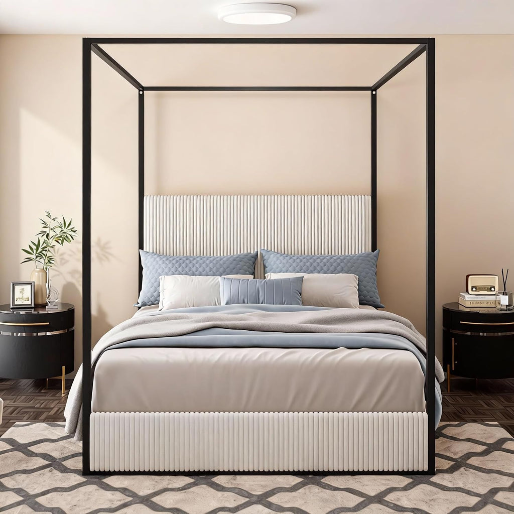 King Size Metal Canopy Bed with Tall Upholstered Channel Headboard and Gold 4 Poster, No Box Spring Needed (White+ Black, King)