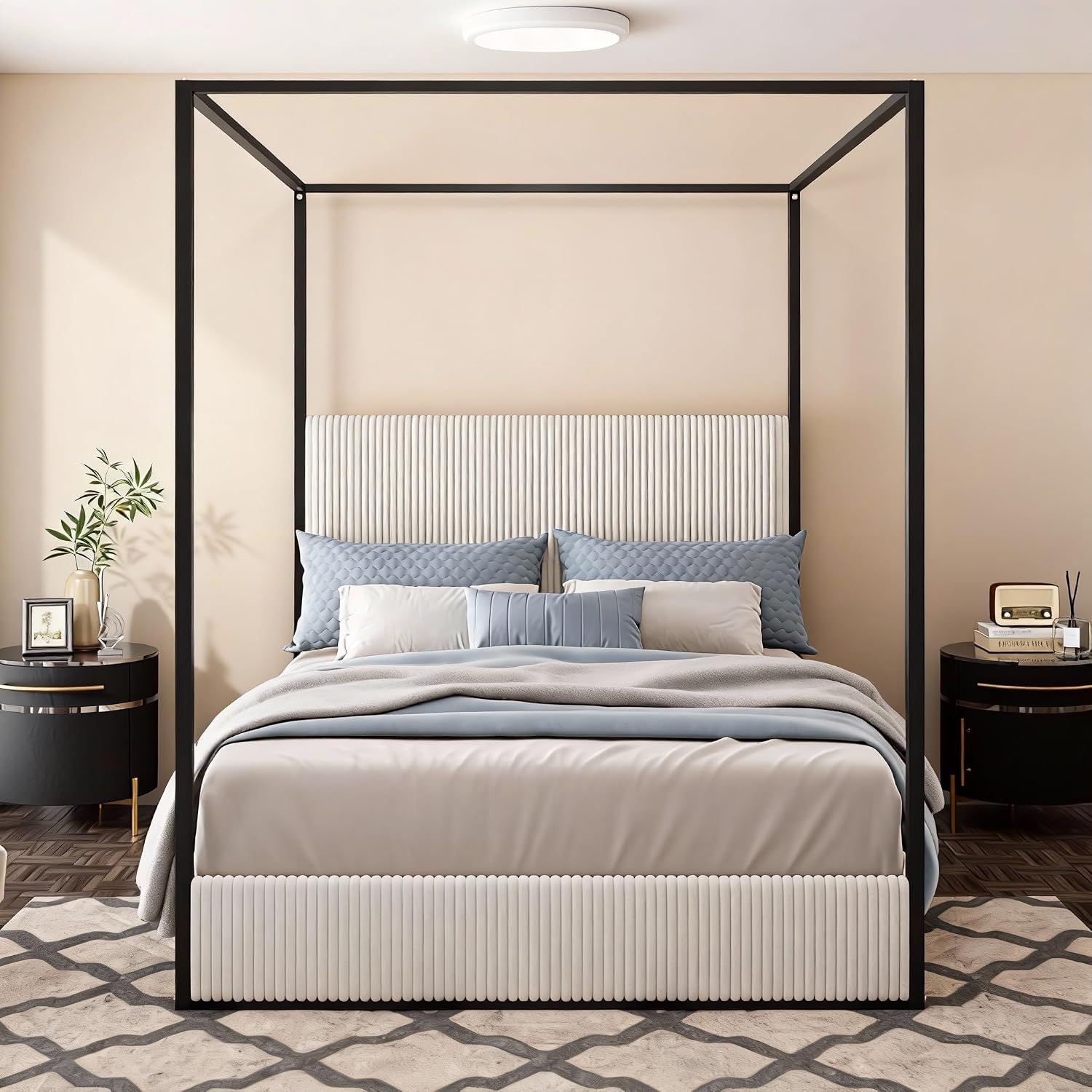 King Size Metal Canopy Bed with Tall Upholstered Channel Headboard and Gold 4 Poster, No Box Spring Needed (White+ Black, King)