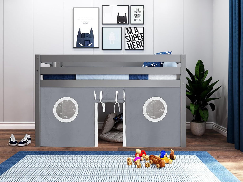Jackpot! Contemporary Low Loft Twin Bed with End Ladder, Gray with Gray & White Tent