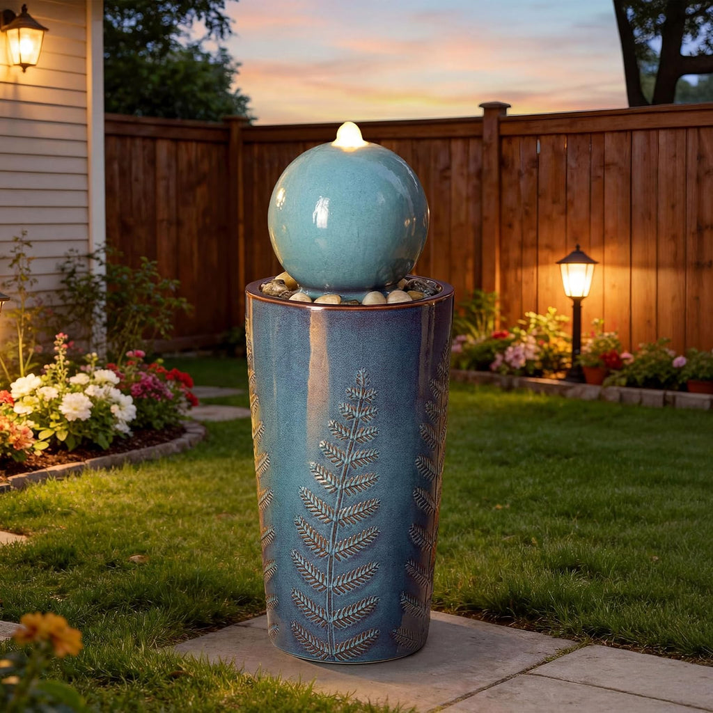 29.5' H Ceramic Sphere Water Fountain with LED Lights, Modern Nature-Inspired Design, Teal Blue Glaze with Leaf Patterns & Pebbles, Soothing Trickling Water Feature for Patio, Yard and Garden