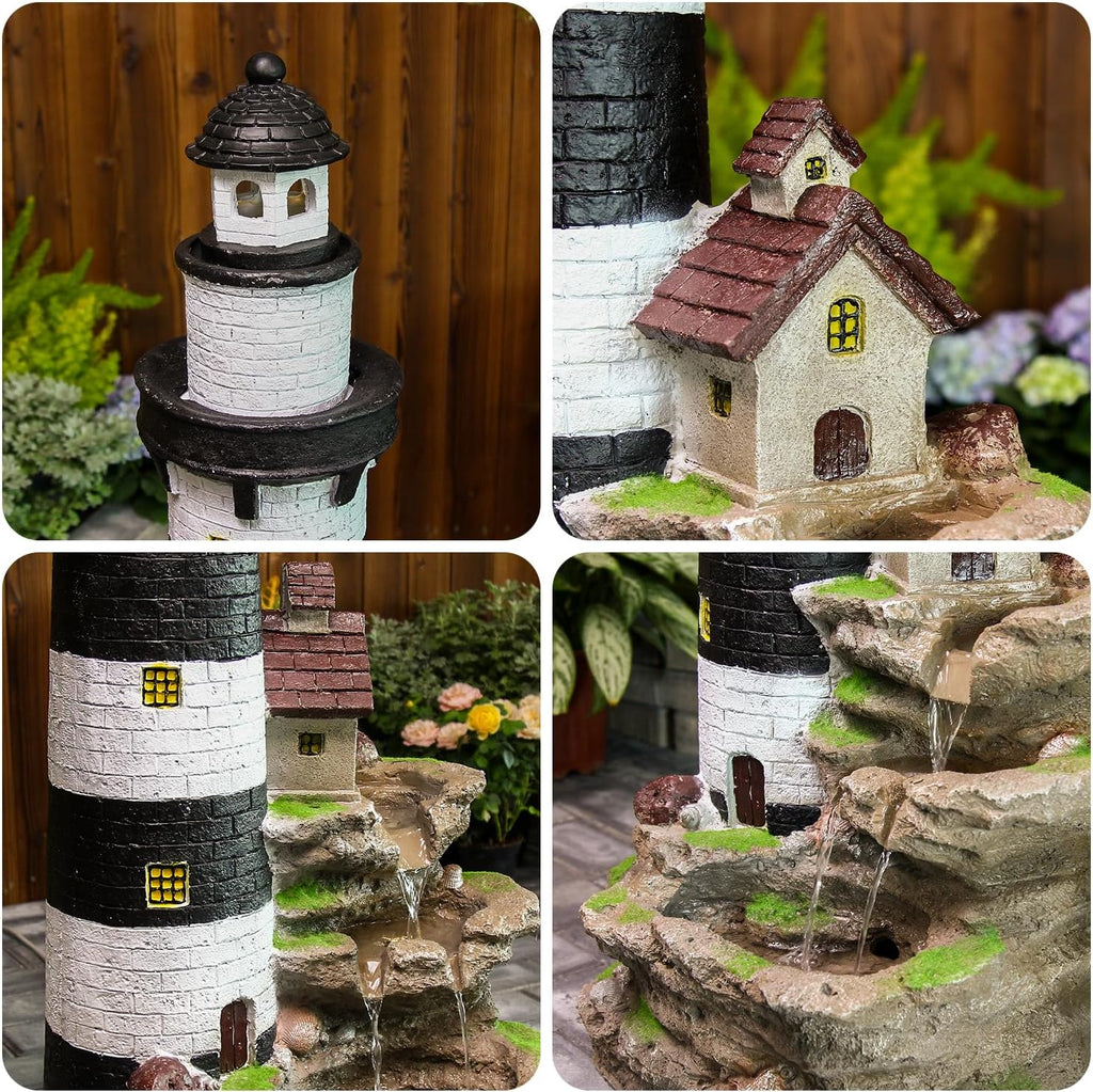 YZM Outdoor Lighthouse Waterfall Fountain 38.58' Tall 3-Tiered Rock Water Feature with LED Lights for Patio, Backyard, or Garden Décor