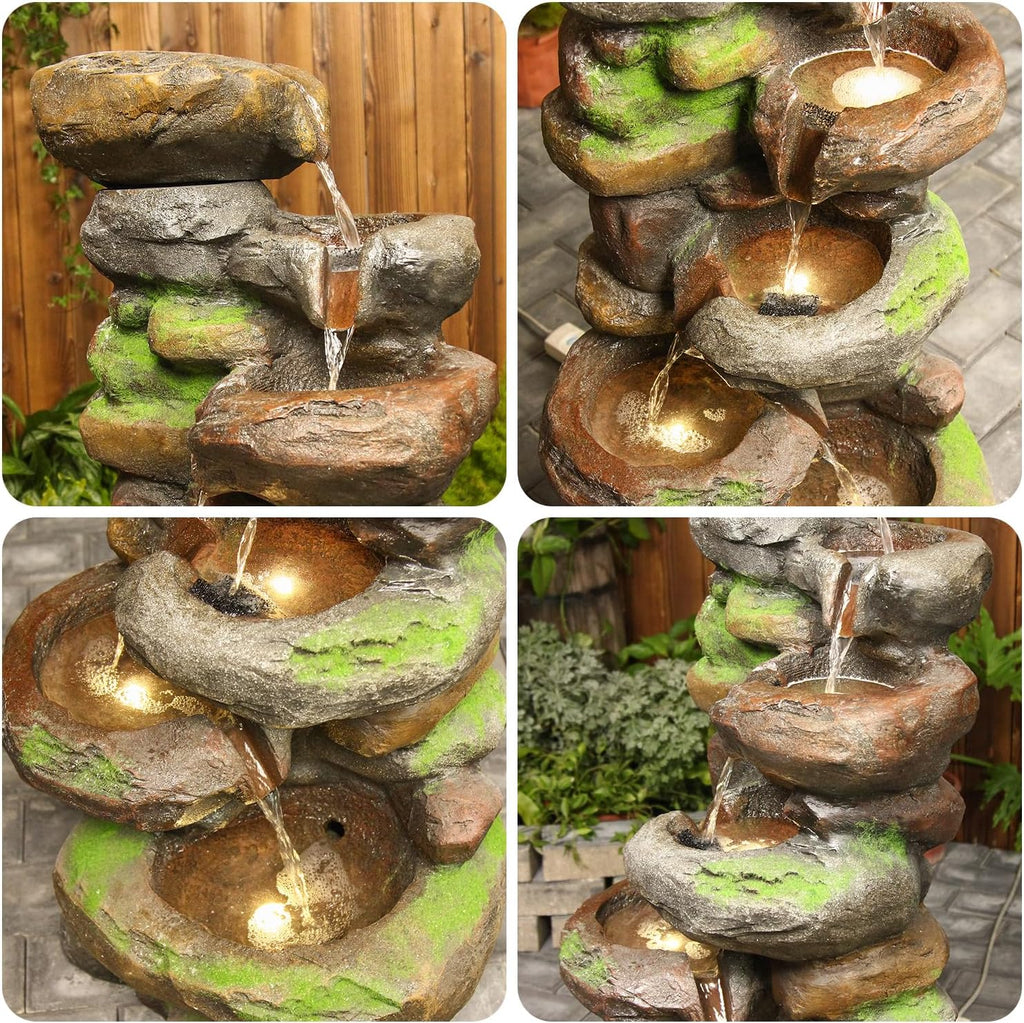 YZM 37.4' H 6-Tiers Cascading Rock Outdoor Water Fountain with LED Lights Outdoor Fountains and Waterfalls for Garden Patio Yard Deck Decor with Natural Stone Look