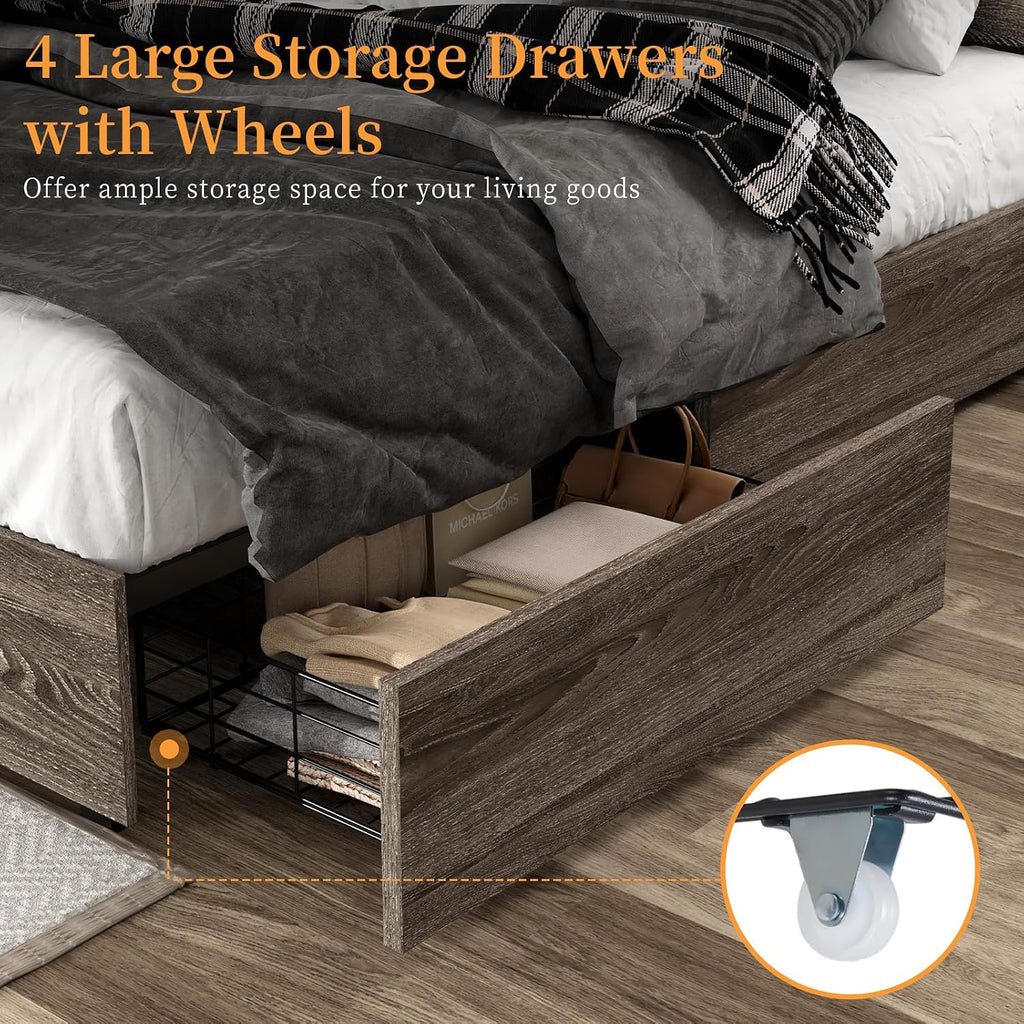 LUXOAK King Size Bed Frame with LED Bookcase Headboard, Wooden Storage Bed with Charging Station & 4 Drawers, No Box Spring Needed/Noise-Free/Rustic Grey