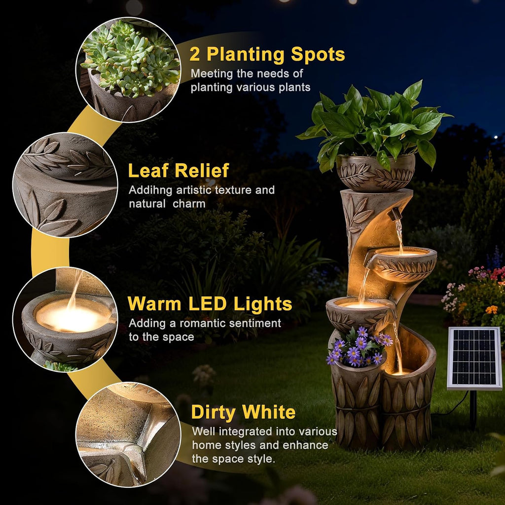 35.6' Solar Outdoor Water Fountain - Relief Leaf Design 4 Tiers Modern Cascading Bowls and Garden Fountains with Lights for Patio, Deck, Porch, Lawns, Backyard and Home Art Decor