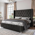 PaPaJet Upholstered Queen Bed Frame with Tall Headboard, Wingback Platform Bed, Low Profile Velvet Tufted Button, No Box Spring Needed, Easy Assembly, Black