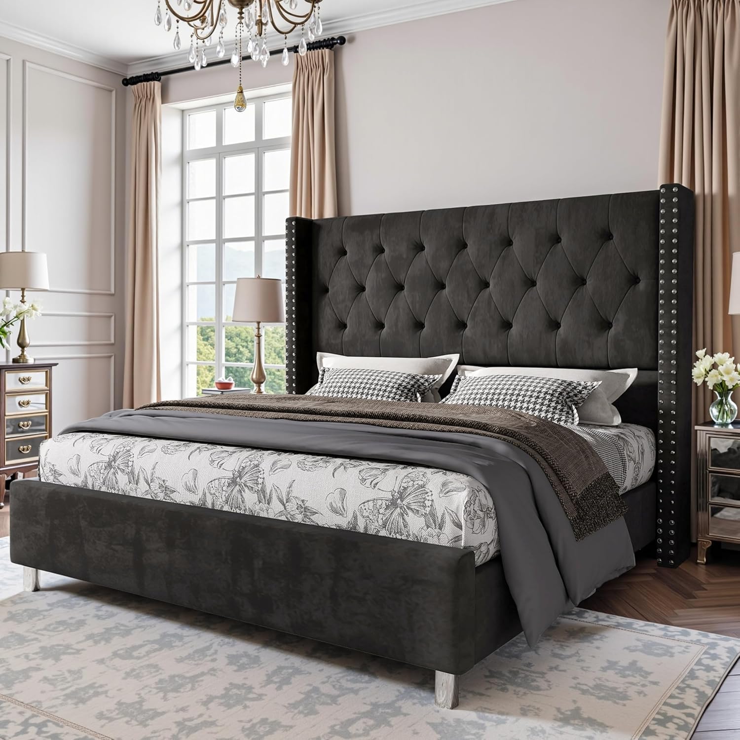 PaPaJet Upholstered Queen Bed Frame with Tall Headboard, Wingback Platform Bed, Low Profile Velvet Tufted Button, No Box Spring Needed, Easy Assembly, Black
