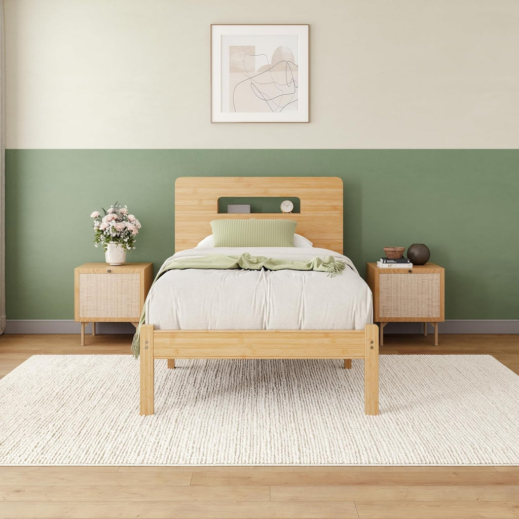 ZIYOO Solid Bamboo Wood Twin XL Bed Frame with Storage Headboard, 14 inch Platform Twin XL Bed Frames No Box Spring Needed with Steel Slats, Sturdy and Stable, Easy Assembly, Noise Free