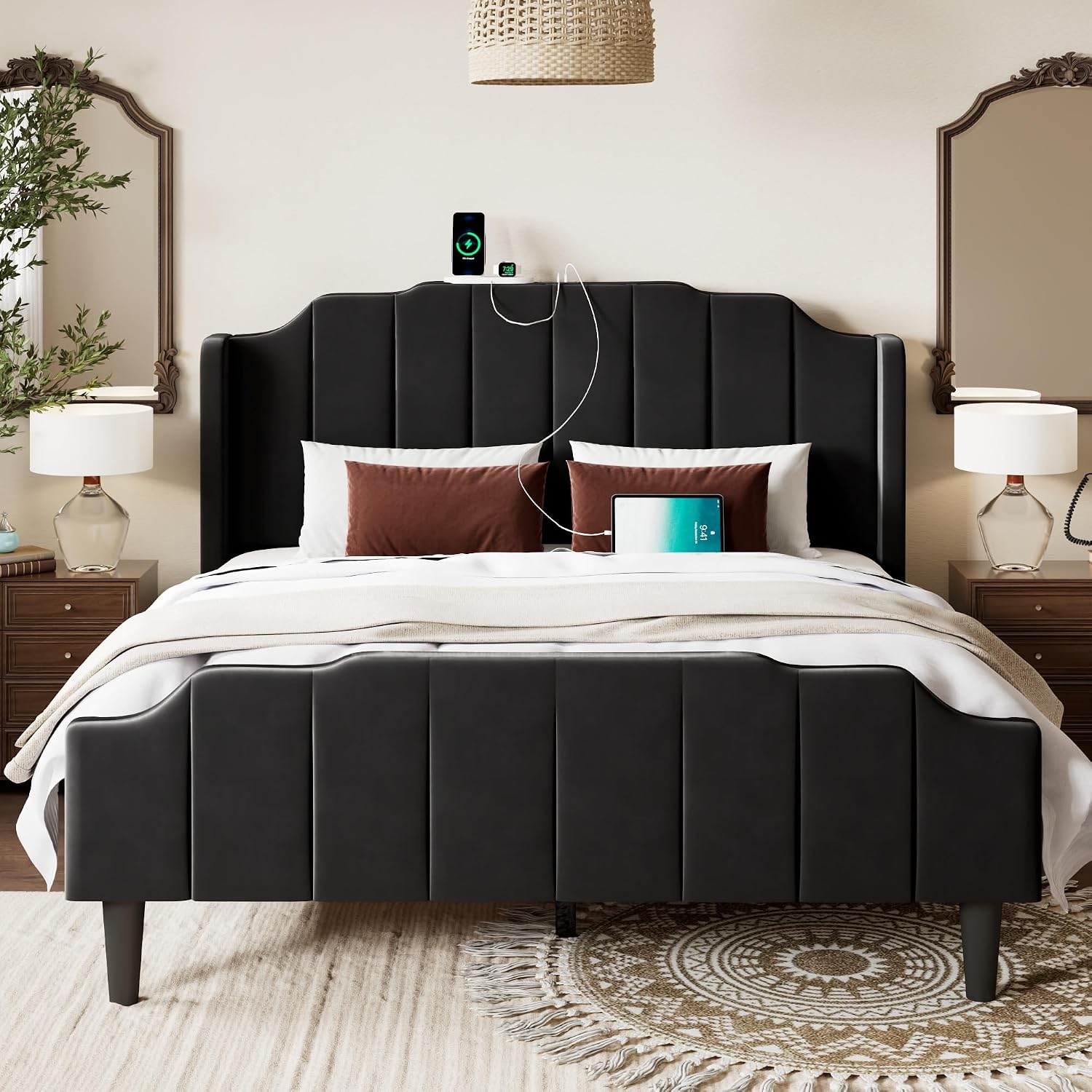 Allewie Vintage Queen Size Velvet Platform Bed Frame with Curved Vertical Tufted Wingback Headboard and Footboard, Charging Station, Easy Assembly, Under Bed Storage, No Box Spring Required, Black