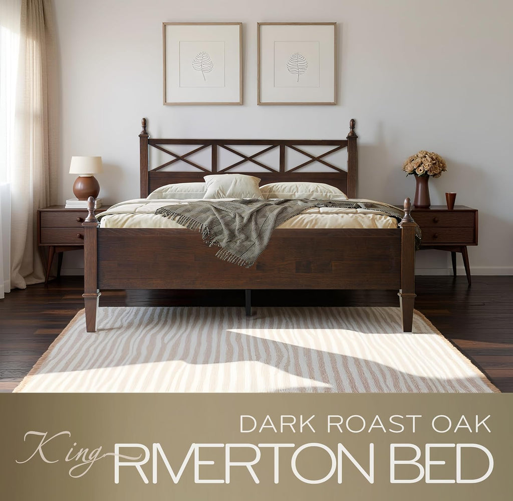 King Size Solid Wood Platform Bed Frame with Headboard & Footboard, 12 Durable Slatted Base with Metal Legs, Easy Assembly, Slip-Free & Anti-Noise, No Box Spring Needed, Dark Roast Oak Finish RIK-32