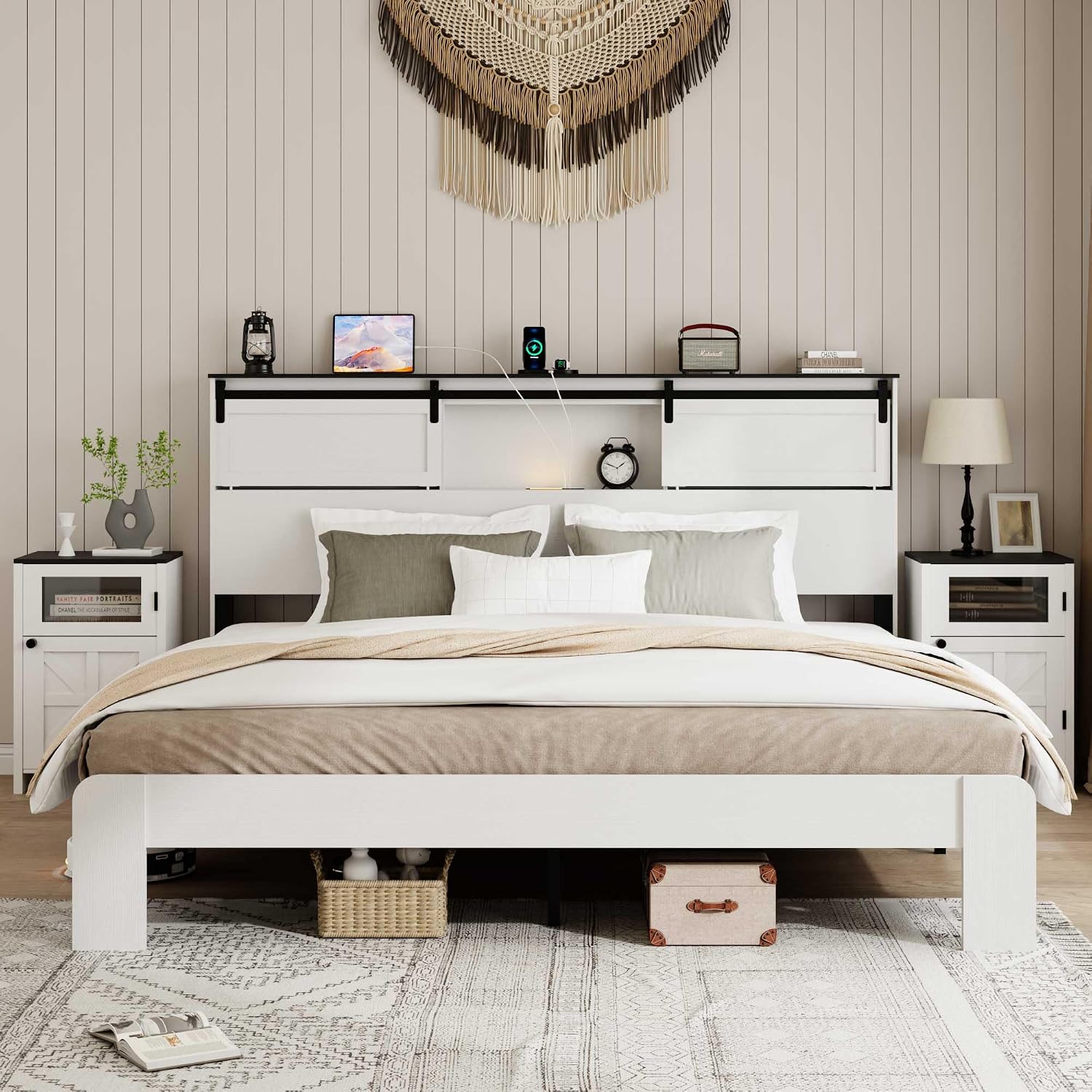 Ball & Cast Queen Bed Frame with Storage Headboard & Built in Charging Station,Farmhouse Platform Bed Frame Queen Size with Wood Slats Support,No Noise,No Box Spring Needed, White