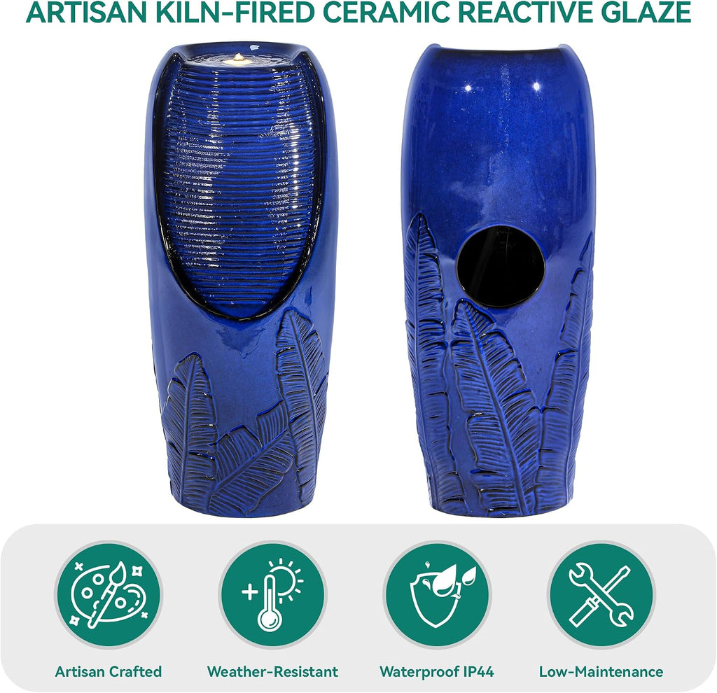 33' Tall Outdoor Garden Fountain with LED Lights, Modern Ceramic Jar Water Fountain, 3D Tropical Leaf Pattern, Cobalt Blue Glaze, Soothing Cascading Waterfall for Relaxing Patio, Yard, Porch
