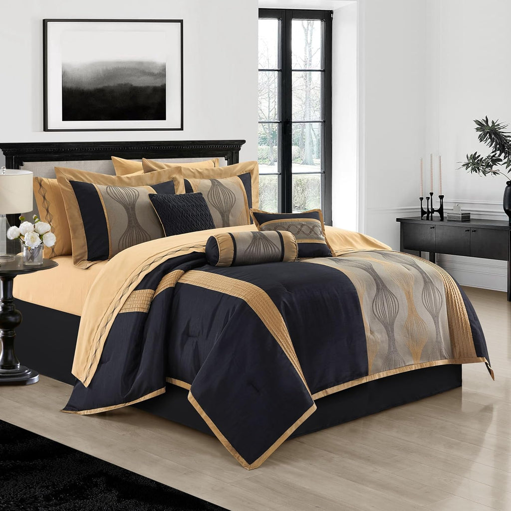 Grand Avenue Elegant Black and Gold Comforter Set King Size, Striped,15 Piece Room-in-A-Bag, Jacquard Bedding Set, All Season, Matching Decorative Pillows, Pillow Sham, Curtains