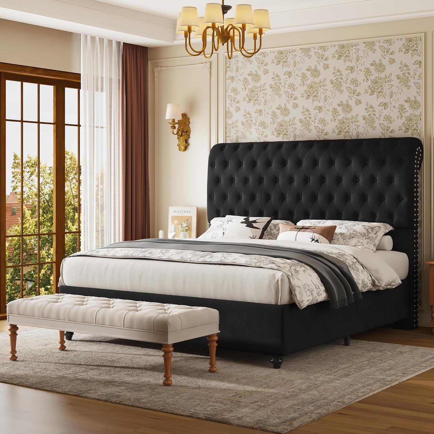 Jocisland Queen Bed Frame with 53' Tall Headboard, Velvet Upholstered Platform Sleigh Bed with Button Tufted, Solid Wood Legs, No Box Spring Needed, Easy Assembly, Black