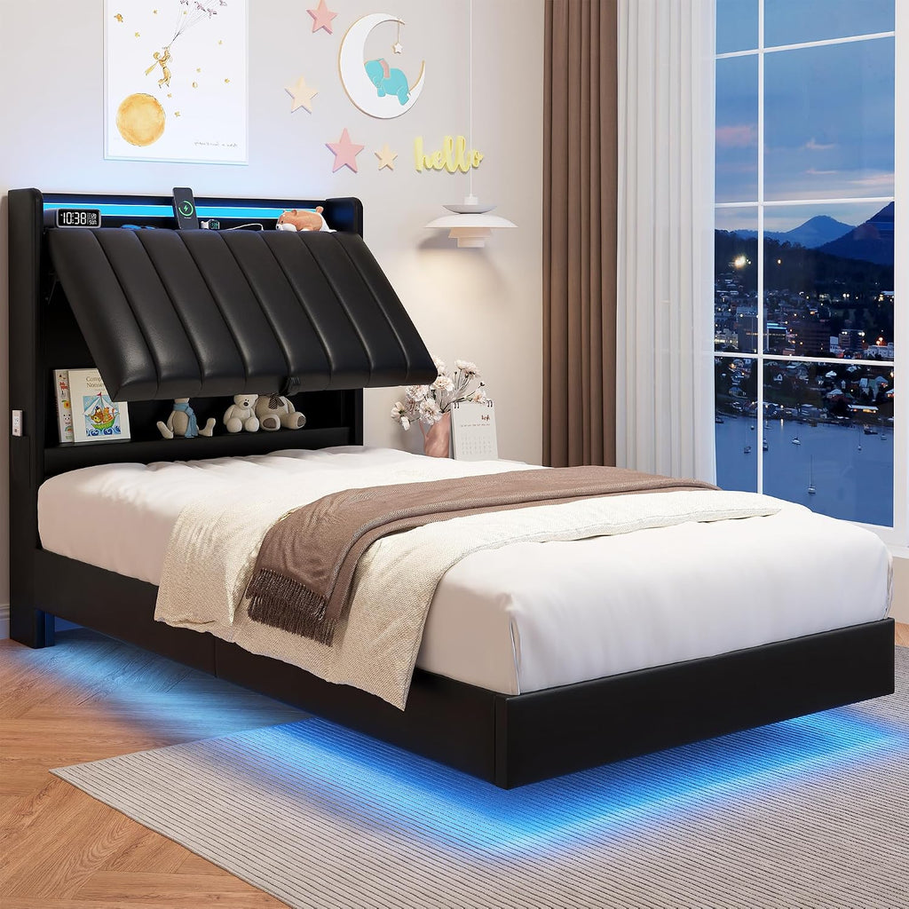 Twin Size Floating Bed Frame with Ergonomic Hidden Storage Headboard and LED Light,Visual Floating Bed Frame with Charing Station,Leather Upholstered Platform Bed for Kids/Boys/Girls,Heavy Duty,Black