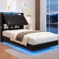 Twin Size Floating Bed Frame with Ergonomic Hidden Storage Headboard and LED Light,Visual Floating Bed Frame with Charing Station,Leather Upholstered Platform Bed for Kids/Boys/Girls,Heavy Duty,Black