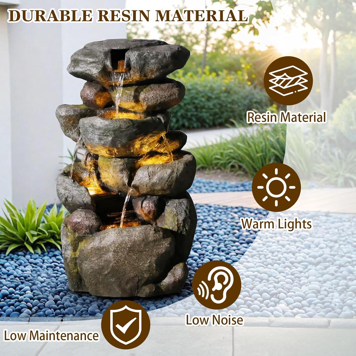 Sunlinua 28.6' H Outdoor Water Fountain with 4 Tiers Cascading Realistic Rock Waterfall Fountains with LED Lights Outdoor Water Fountain for Garden Patio Backyard Porch Home Decor