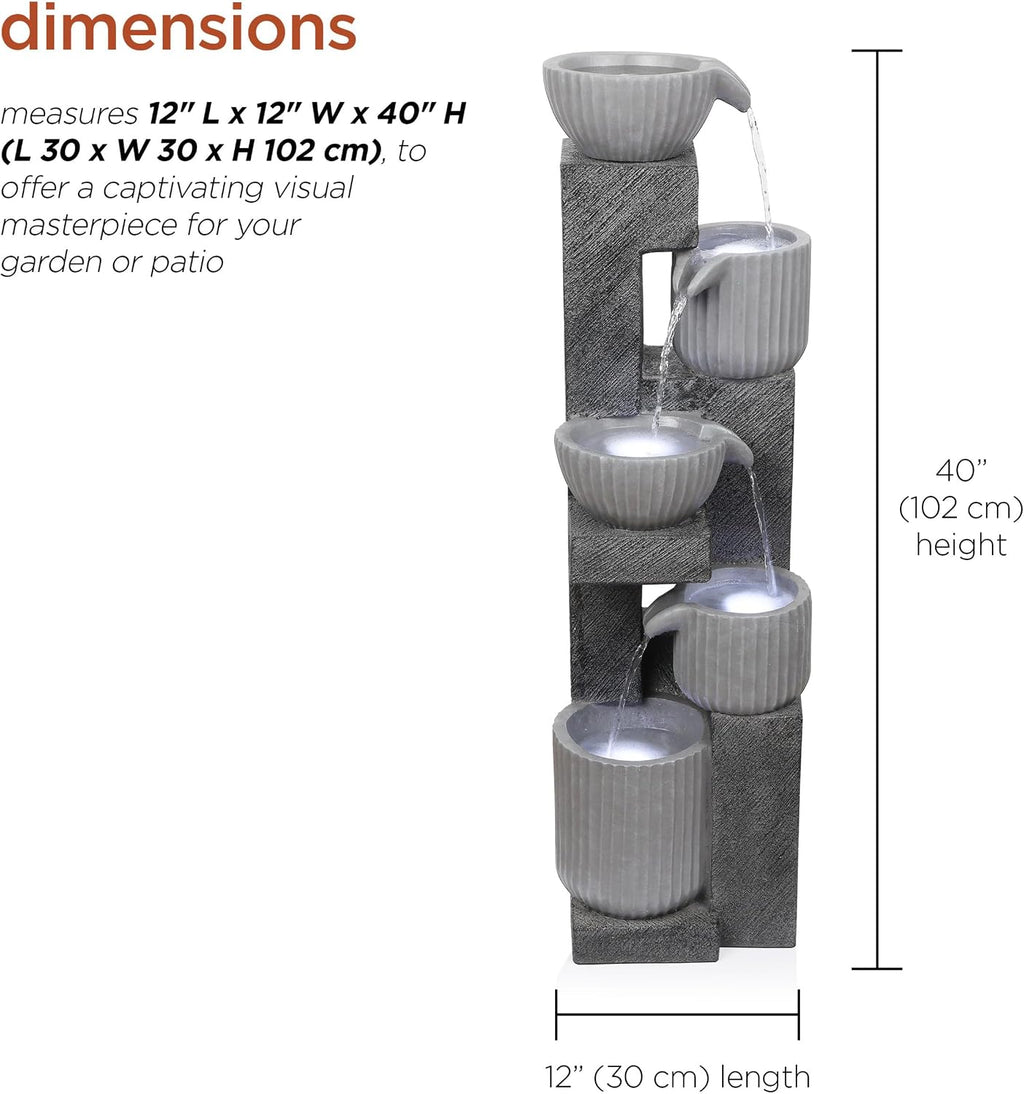 Alpine Corporation 40' Tall Outdoor 5 Tiered Pot Decorative Waterfall Floor Fountain with LED Lights, Perfect for Patios, Yards, and Landscaping, Gray