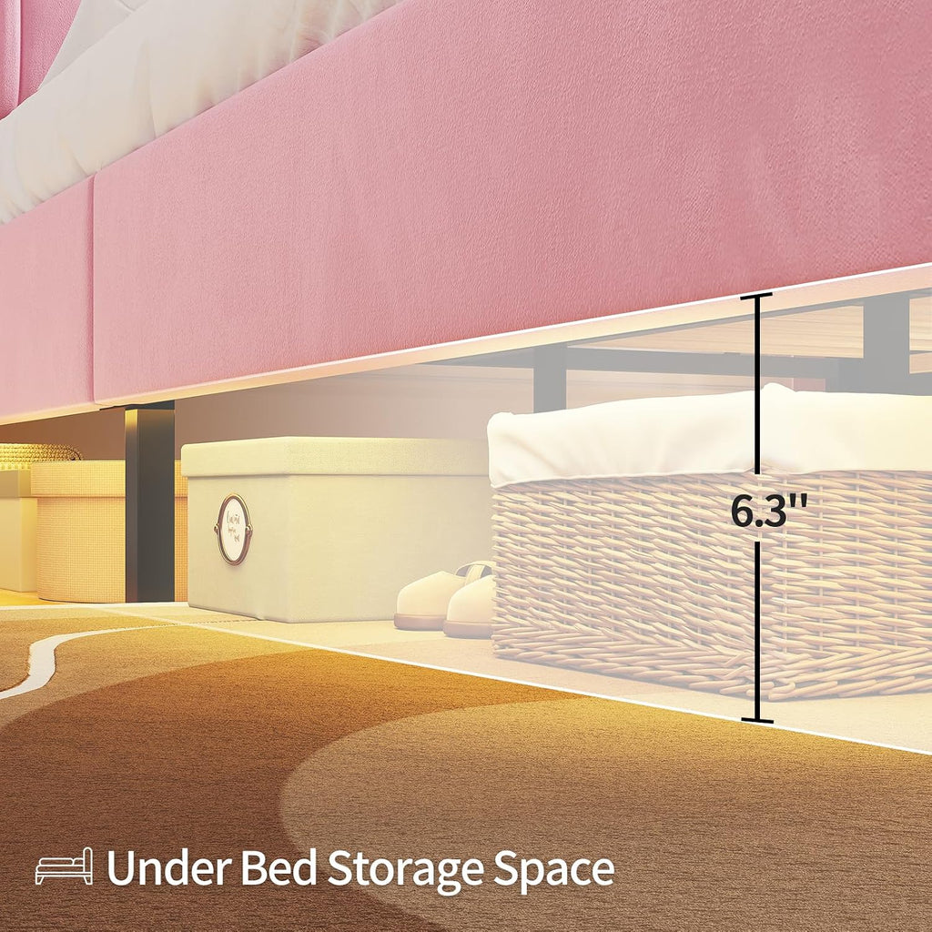 HAUOMS Full Size Bed Frames with Storage Headboard,Power Outlet, Modern Velvet Upholstered Platform Bed LED Bed Frame with 5 Storage Shelves, No Box Spring Needed, Pink