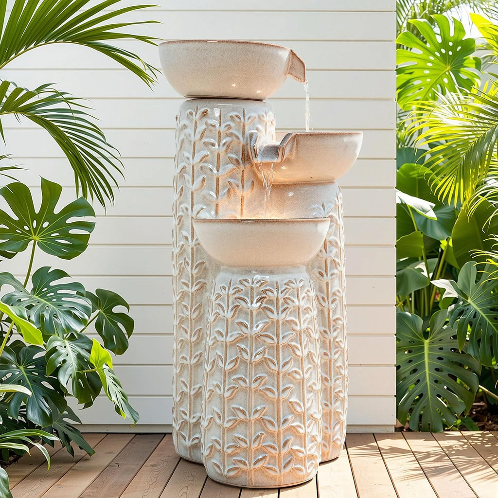 28' H Ceramic Outdoor Water Fountain with LED Lights, 3-Tier Cascading Bowls Water Feature, Tranquil Waterfall for Relaxing Garden, Patio, Yard, or Porch, Beige Glaze, Embossed Leaf Patterns