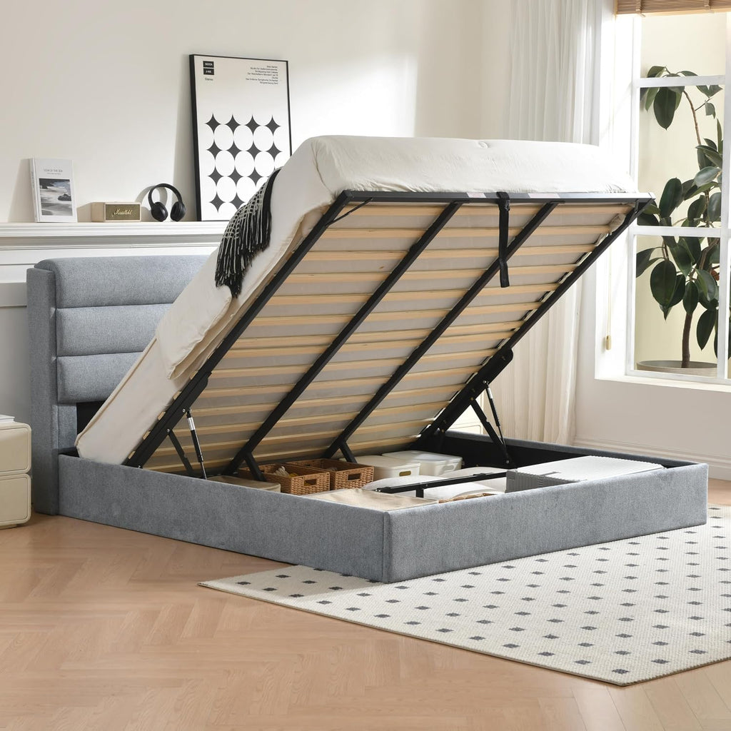 Lift Up Storage Bed King Size, Linen Upholstered Platform Bed with Hydraulic System & Wood Slats Support, King Bed Frame with 3-Panel Headboard, No Box Spring Needed, Easy Assembly, Baby Blue