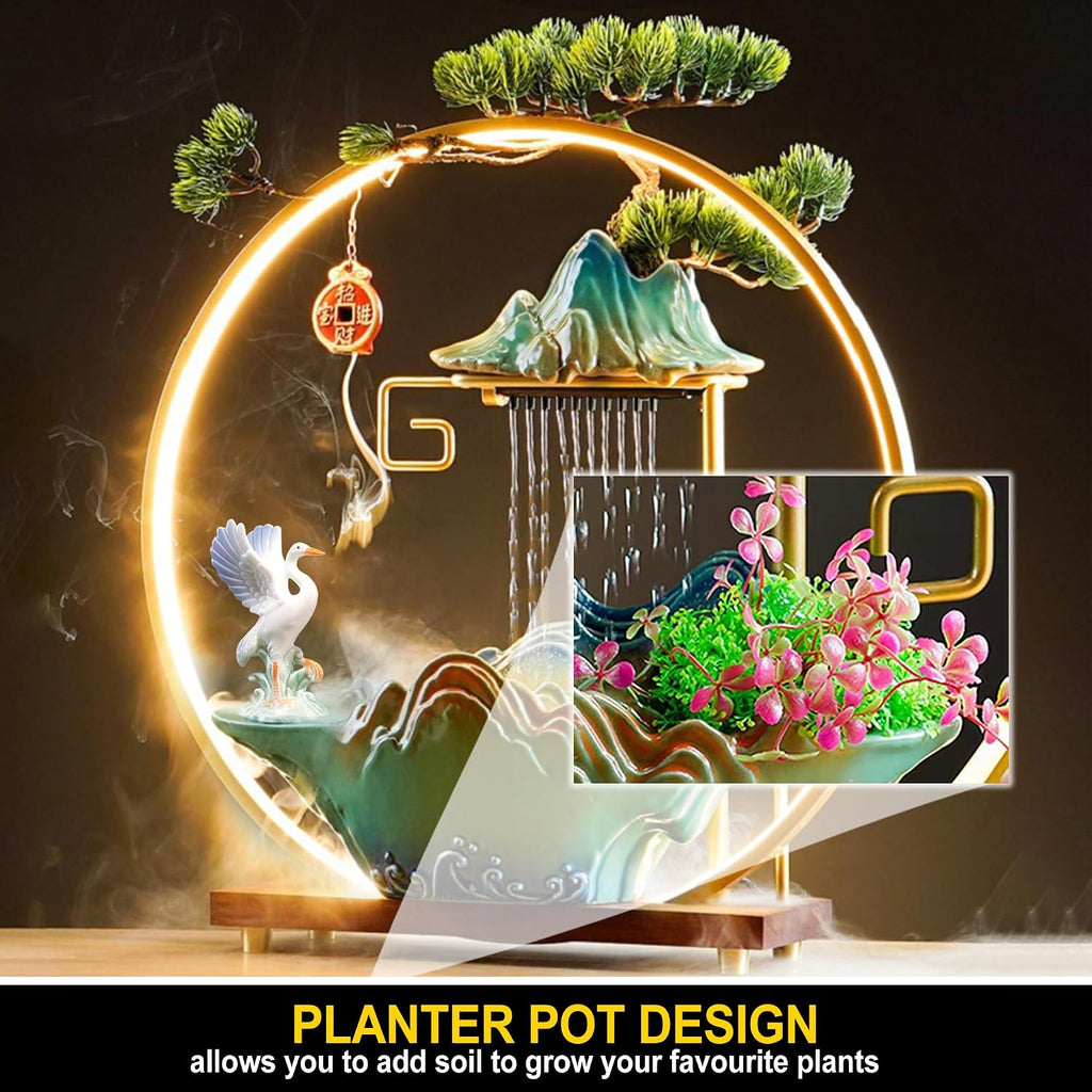 Tabletop Water Fountains Indoor Waterfall Desktop Fountain for Meditation with Mist Japanese Fountain with Fake Plants Feng Shui Office Home Decor for Good Luck Wealth (Crane)