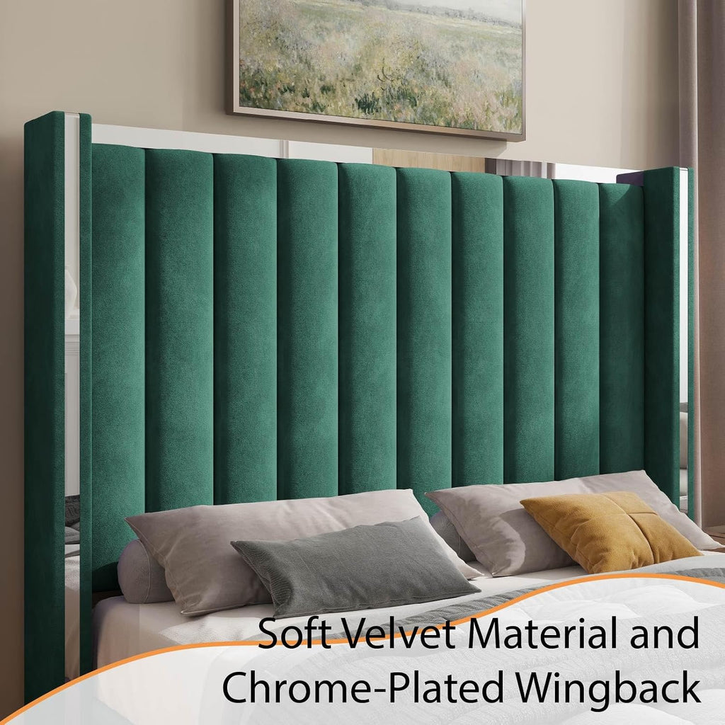 Jocisland Bed Frame with 58' Tall Headboard, Platform Velvet Upholstered Bed with Channel Tufted Wingback Headboard and Plating Trim, No Box Spring Needed, Green, Queen