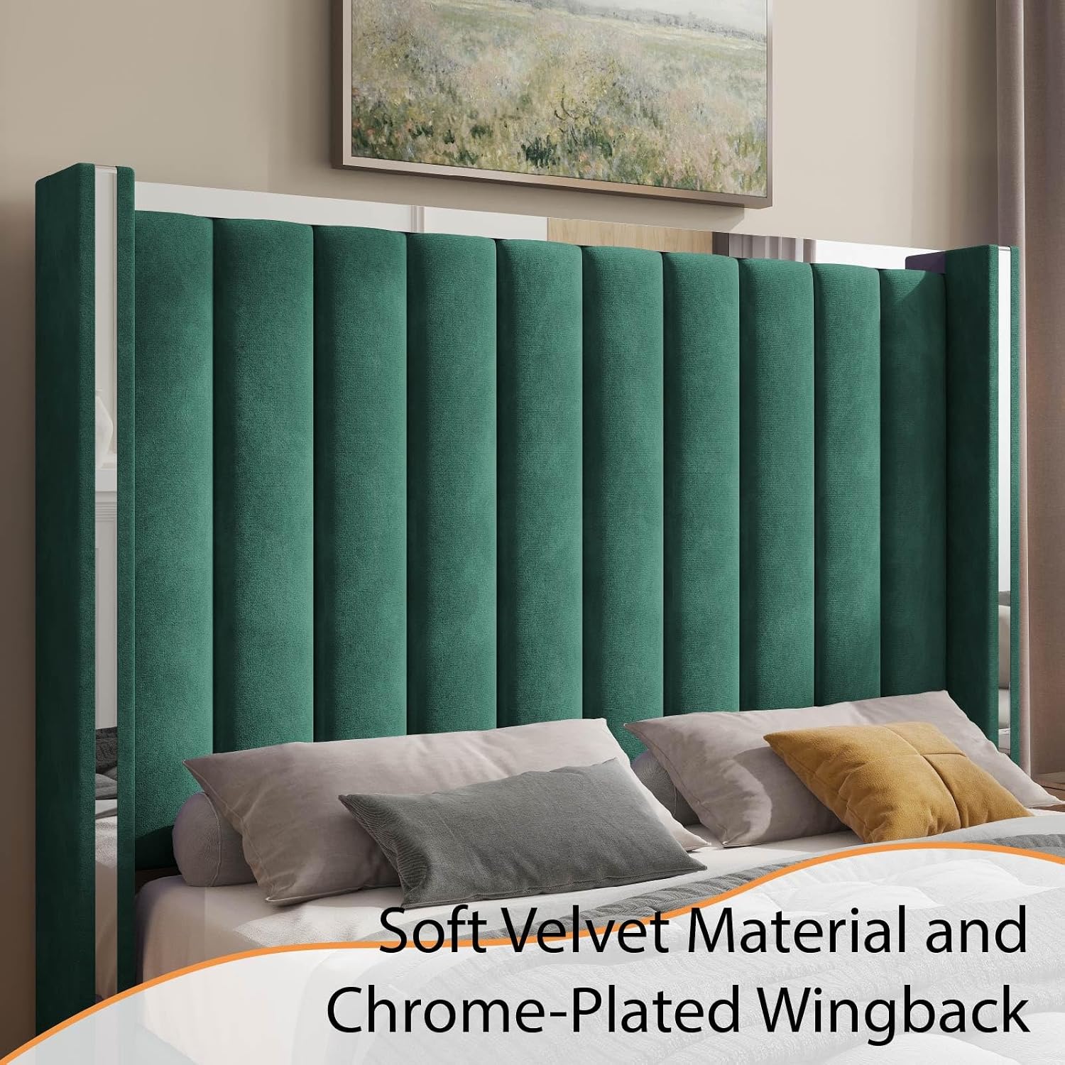 Jocisland Bed Frame with 58' Tall Headboard, Platform Velvet Upholstered Bed with Channel Tufted Wingback Headboard and Plating Trim, No Box Spring Needed, Green, Queen