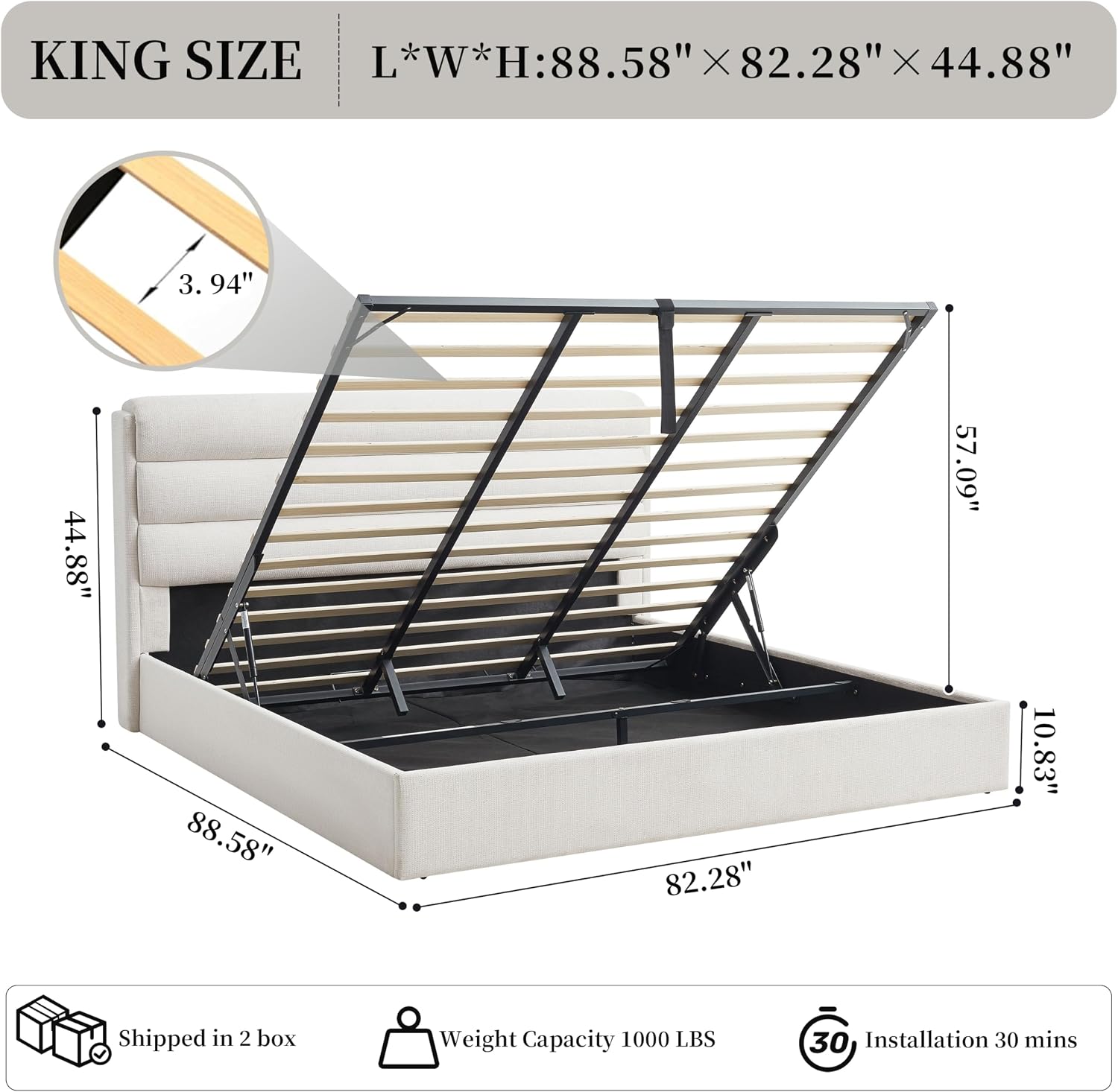 Lift Up Storage Bed King Size, Linen Upholstered Platform Bed with Hydraulic System & Wood Slats Support, King Bed Frame with 3-Panel Headboard, No Box Spring Needed, Easy Assembly, Ivory