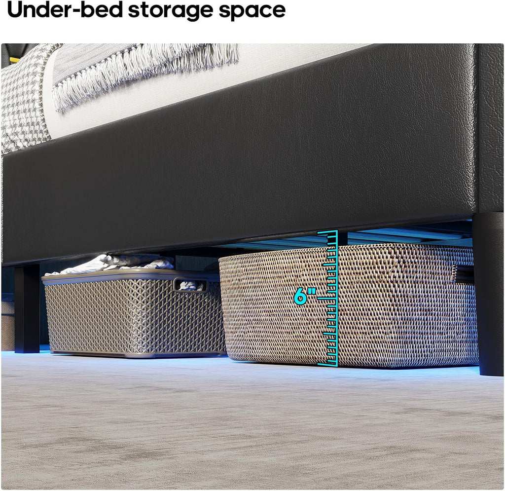 HAUOMS LED Full Bed Frame with Type-C & USB Charging Station, Full Size Bed Frame with Storage Headboard, Modern Pu Leather Platform Bed with Shelf Headboard, Easy Assembly, Noise-Free, Black