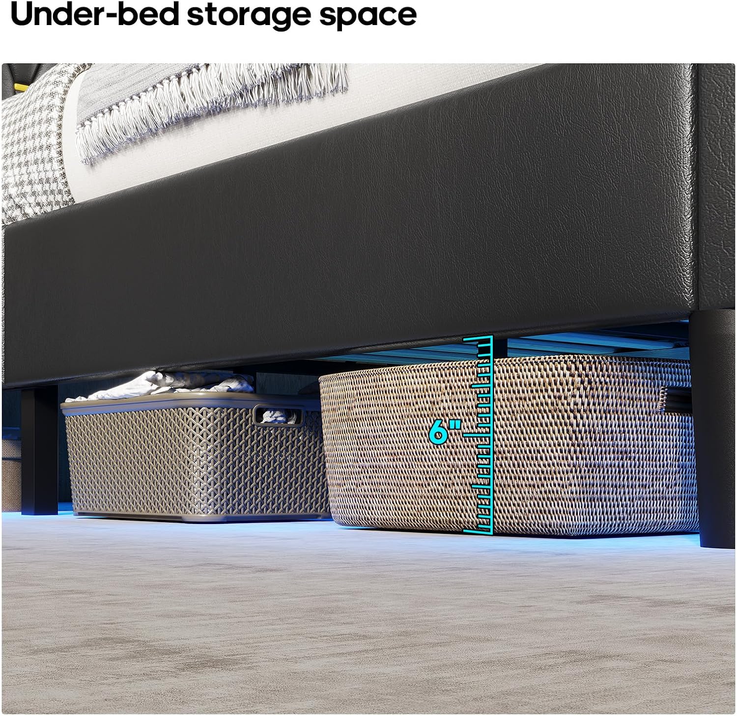 HAUOMS Queen Bed Frame with Storage Headboard and RGB LED Lights, PU Leather Platform Bed Frame Queen Size with Type-C & USB Charging Station, Stable Easy Assembly, No Box Spring Needed, Black