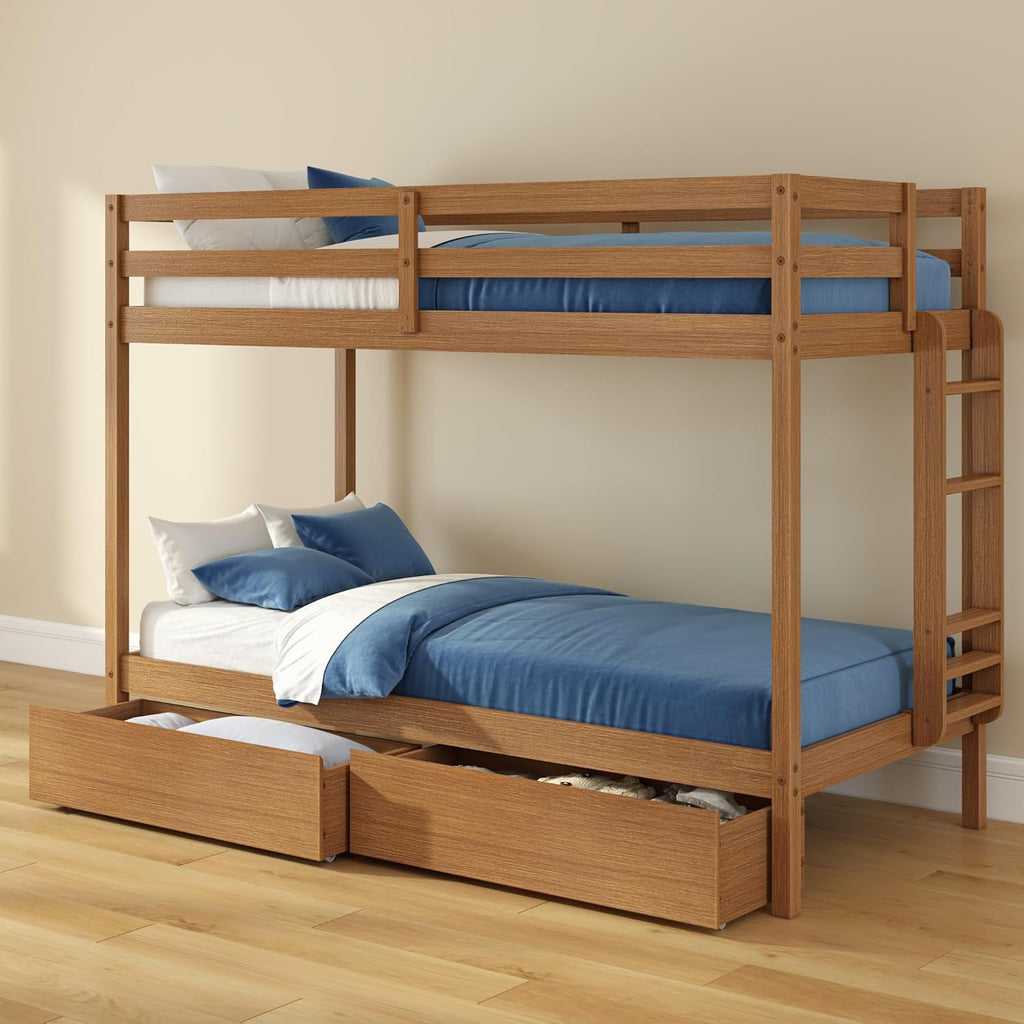 Grain & Grove Bear Twin Over Twin Bunk Bed with Storage Drawers, Sturdy Bunk Bed Frame for Kids, Plywood Bunk with Ladder, Guardrail, and Slats, No Box Spring Required, Oak Embossed Pecan