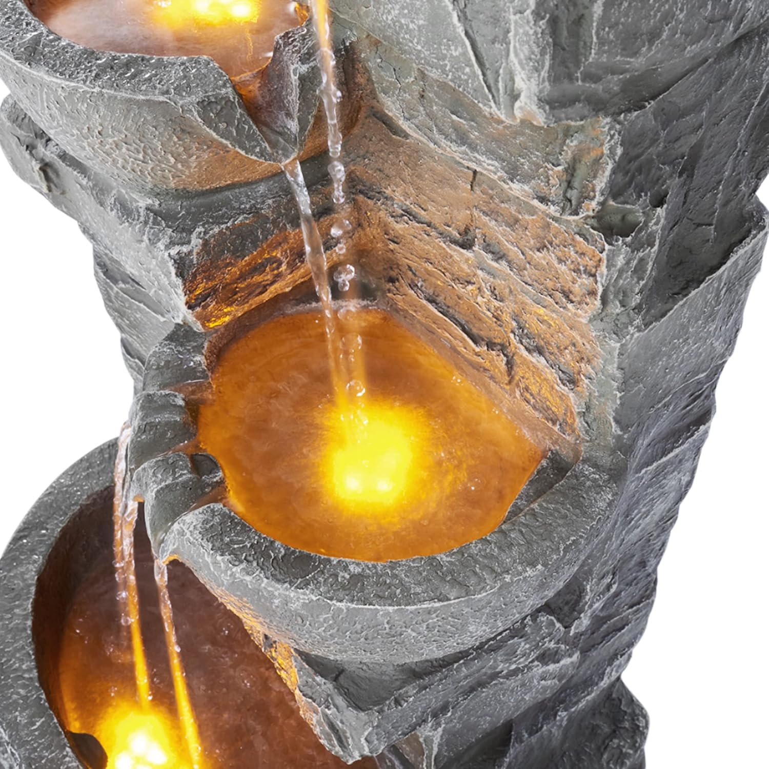 Teamson Home 33' Outdoor Water Fountain with LED Lights, 3-Tier Cascading Bowls, Weather-Resistant Resin Garden Water Feature for Patio, Lawn, and Backyard Decor – Stone Gray