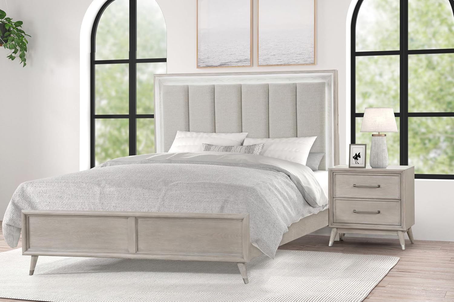 Roundhill Furniture Seluna 5-Piece Bedroom Set with Touch LED Lighting, Gray Oak Finish, King
