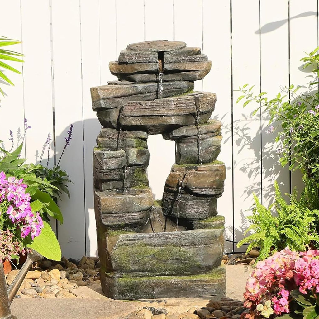 26.4' Outdoor Water Fountain with LED Lights, Stacked Rock Waterfall Fountain, Resin Garden Water Feature for Arch Design, Freestanding Patio, Yard