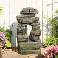 26.4' Outdoor Water Fountain with LED Lights, Stacked Rock Waterfall Fountain, Resin Garden Water Feature for Arch Design, Freestanding Patio, Yard