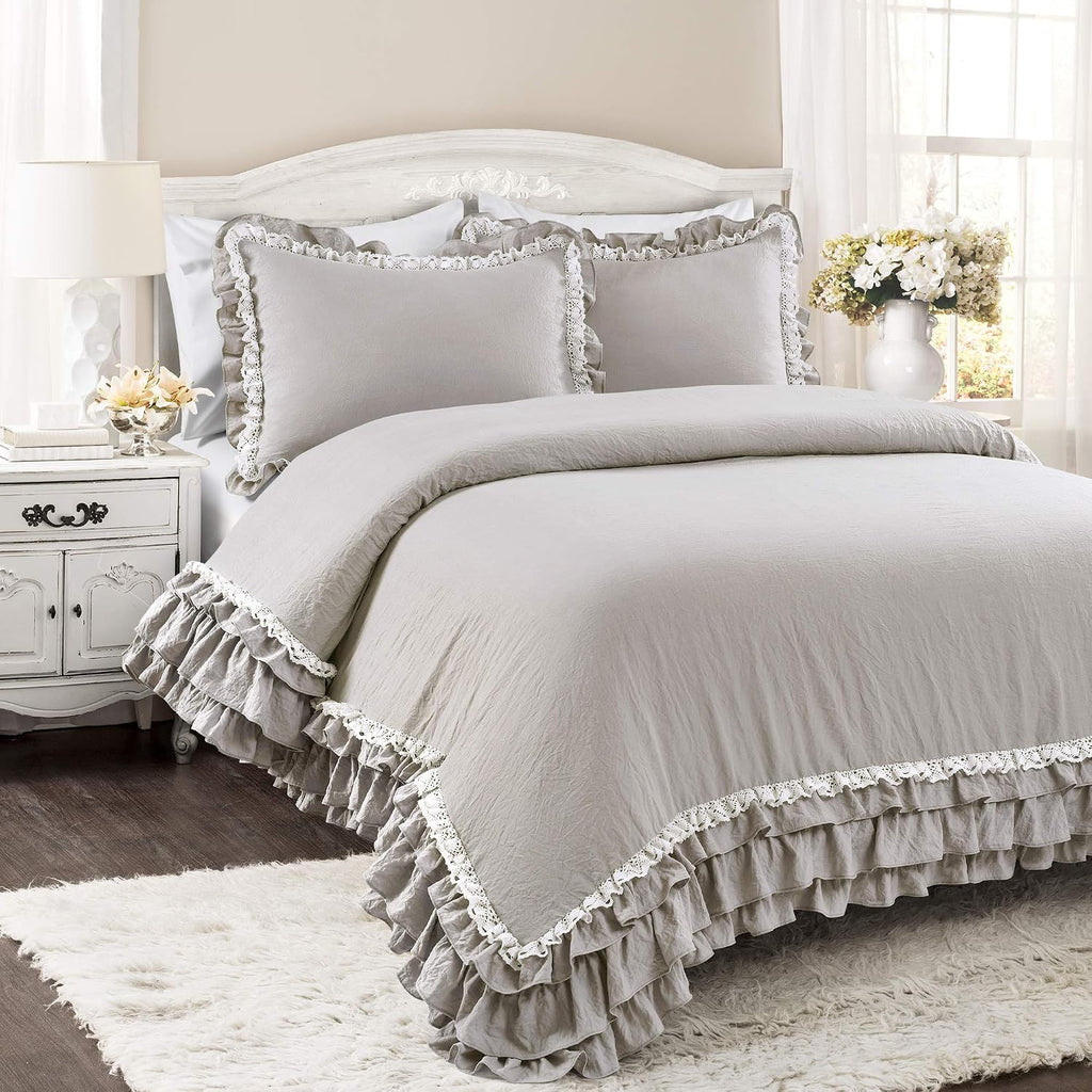 Lush Decor Ella Ruffle Lace Comforter, 3 Piece Set, King, Light Gray - Cute Comforter - King Bedding Set - Gray Bedding - Coquette Decor - Ruffle Trim - Lace Trim