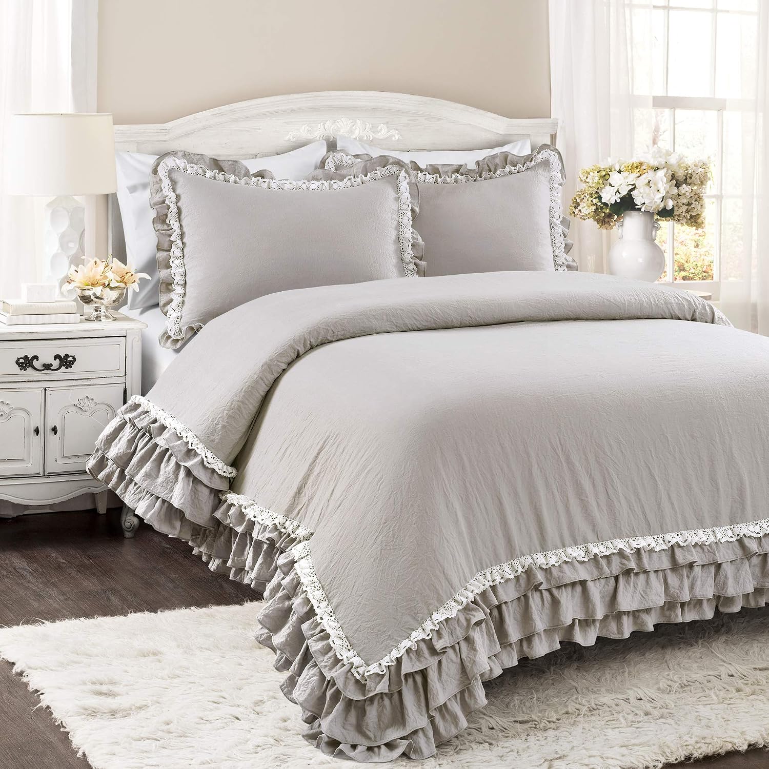 Lush Decor Ella Ruffle Lace Comforter, 3 Piece Set, King, Light Gray - Cute Comforter - King Bedding Set - Gray Bedding - Coquette Decor - Ruffle Trim - Lace Trim