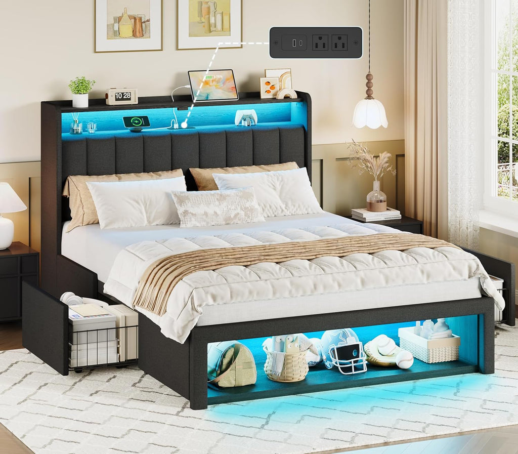 ChicZhiNest Queen Size Platform Bed Frame with Charging Station, LED Storage Headboard with 2-Tier Shelves and Drawers on Wheels, Strong Wooden Slats & Large Footboard Cubbies, Noise Free, Dark Gray