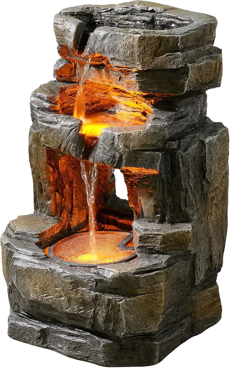 Kalona Outdoor Waterfall Fountain with LED Lights - 3-Tier Resin Rock Water Feature for Garden Patio Backyard, 21.5' Tall Fountain Decor 24392