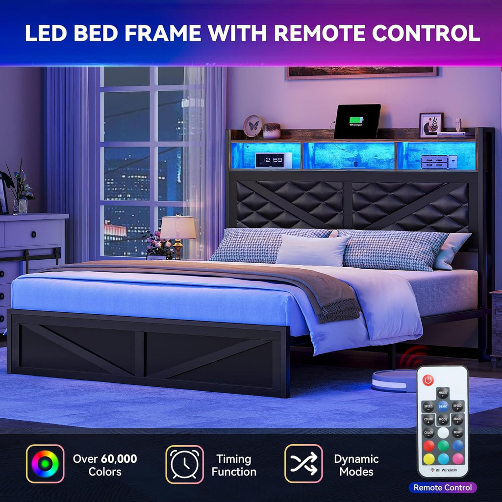 DWVO Bed Frame with Charging Station and Storage Headboard, Upholstered Platform with Large Under Bed Storage and LED Light, No Box Spring Needed, Noise Free, Faux Leather, Black, Queen Size