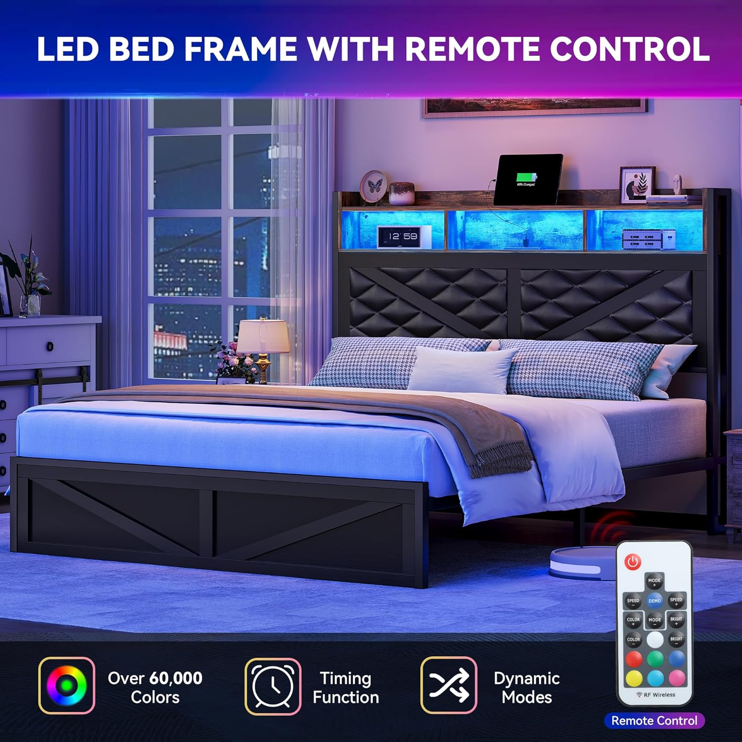 DWVO Bed Frame with Charging Station and Storage Headboard, Upholstered Platform with Large Under Bed Storage and LED Light, No Box Spring Needed, Noise Free, Faux Leather, Black, Queen Size