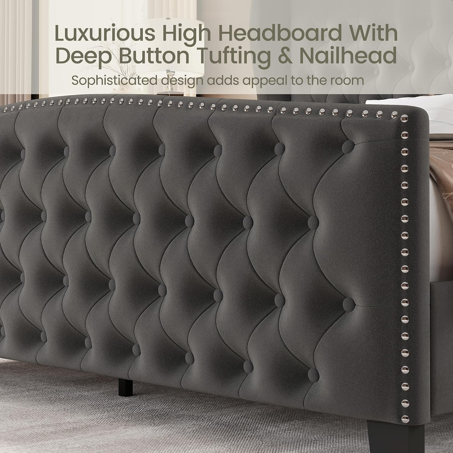 LARMACE King Size Bed Frame Velvet Upholstered Platform Bed with Wingback Headboard & Footbaord, Deep Button Tufted Bed Frame with Wood Slats Support, No Box Spring Needed, Grey