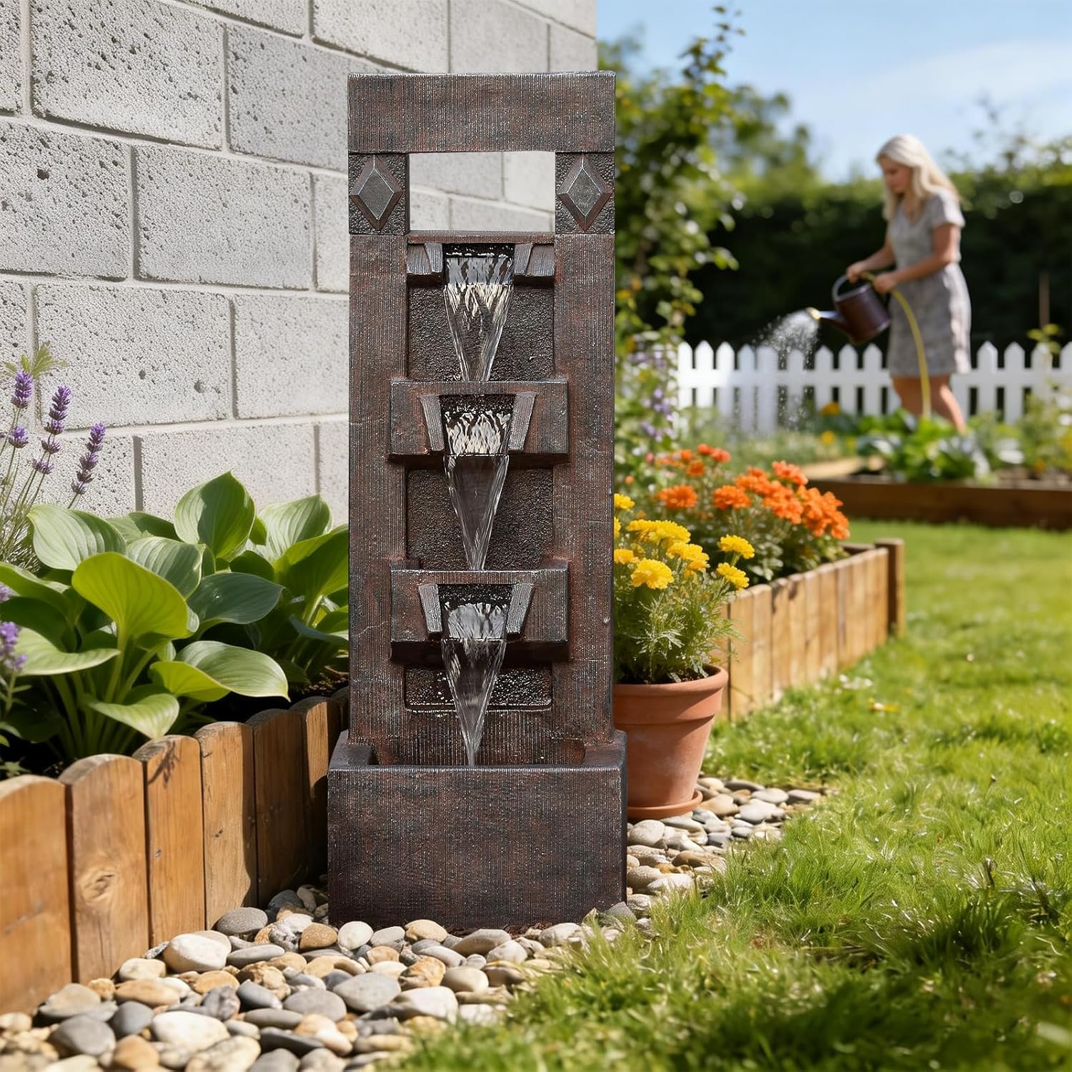 Bumilgar 40.9' H 4-Tier Indoor/Outdoor Modern Water Fountain with Led Lights and Pump, Outdoor Freestanding Cascading Waterfall - Suitable for Garden, Patio, Porch, Yard and Outdoor Decor (Brown)