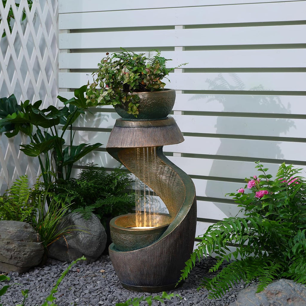 31.9' Outdoor Water Fountain with Lights – S-Shaped Water Feature Outdoor Modern Resin Waterfall Feature with Bowl Planter, Decorative Garden Fountain for Patio Balcony Porch Yard, Gold
