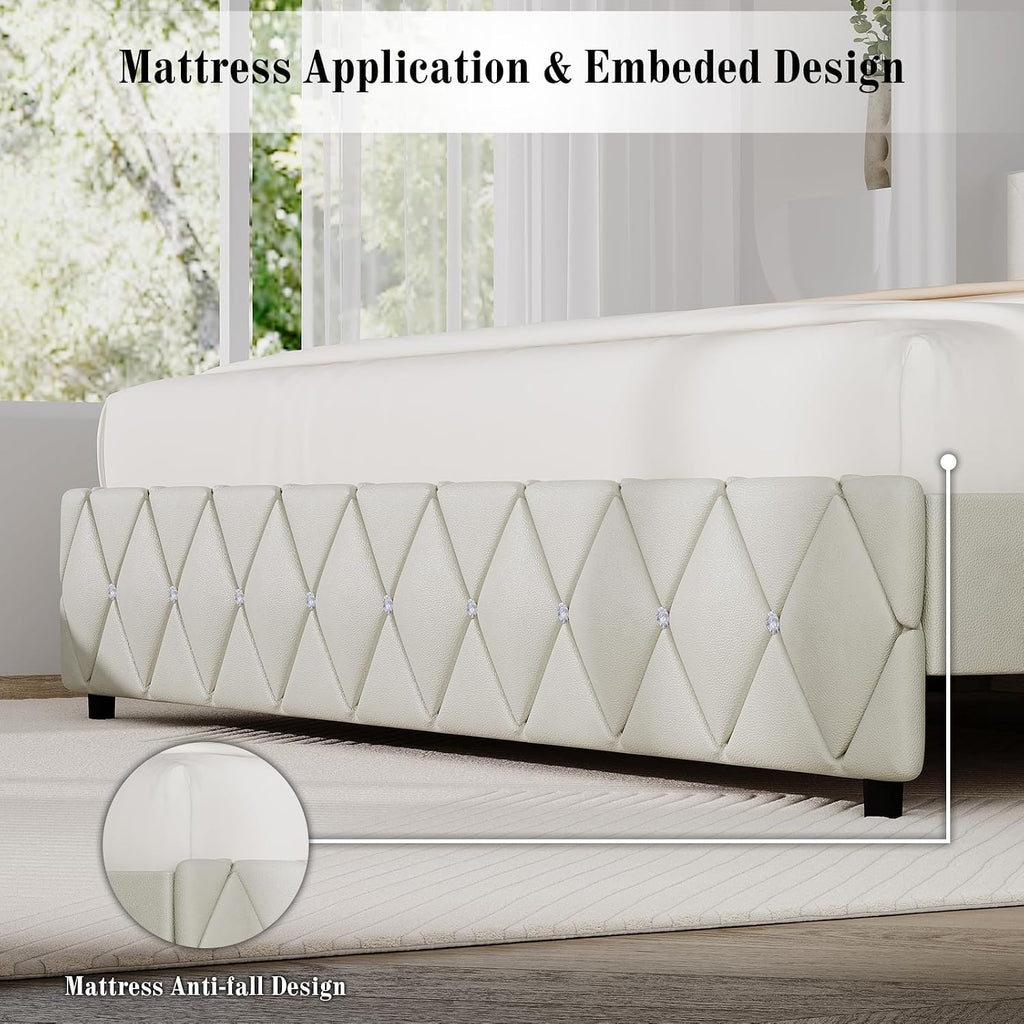 BarnFurin King Bed Frame with Diamond Tufted Headboard, Faux Leather Upholstered Bed with Wooden Slats Support, No Box Spring Needed, Mattress Foundation, Easy Assembly, Cream