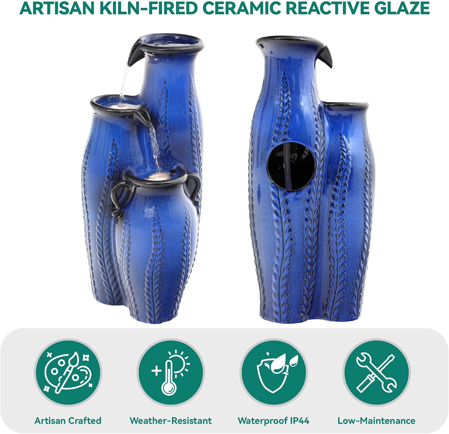 29.5' H Ceramic Outdoor Water Fountain with LED Lights, 3-Tier Vase Cascading Water Feature, Cobalt Blue with Embossed Leaf Patterns, Tranquil Waterfall for Garden, Patio, Yard, or Porch