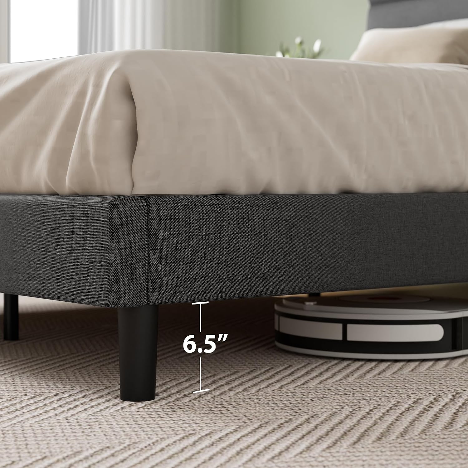 Zinus Queen Piper Upholstered Platform Bed with Horizontal Paneled Headboard, Wooden Slat Support, No Box Spring Needed, Easy Assembly, Eco Friendly Packaging, Dark Grey