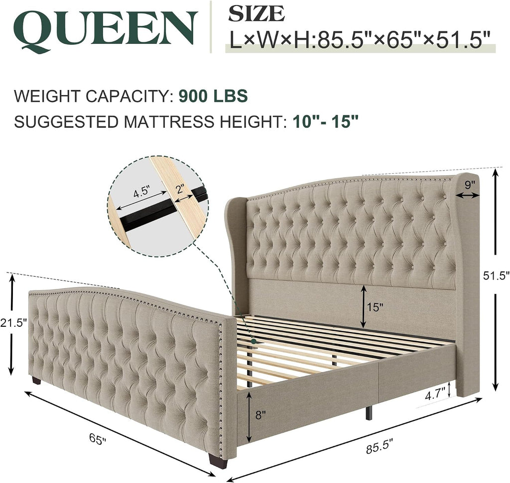LUXOAK Queen Platform Bed Frame with Wingback Headboard, Velvet Upholstered Bed Frame with Handmade Button Tufted & Nailhead, Wooden Slats Support, Beige