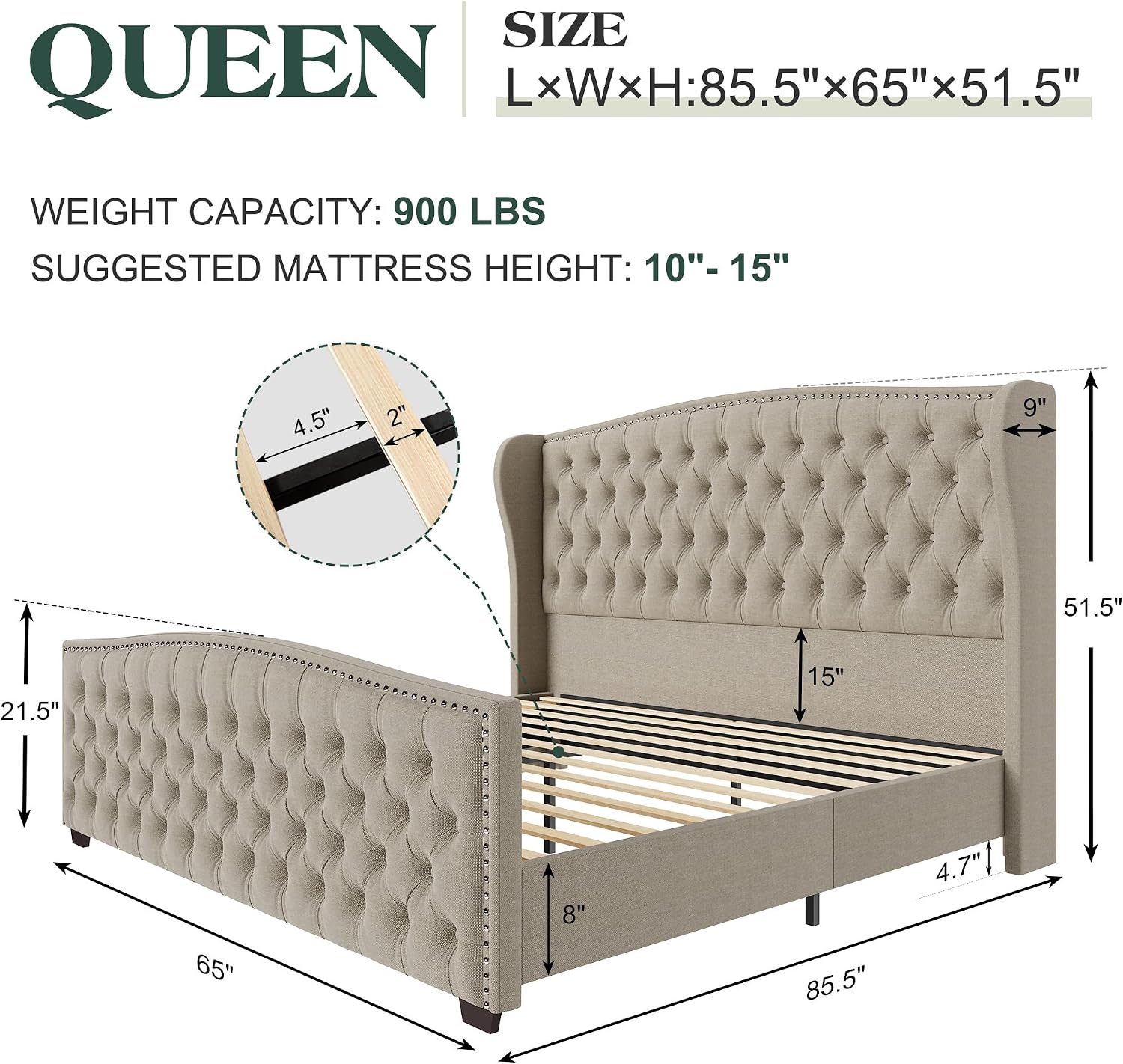 LUXOAK Queen Platform Bed Frame with Wingback Headboard, Velvet Upholstered Bed Frame with Handmade Button Tufted & Nailhead, Wooden Slats Support, Beige