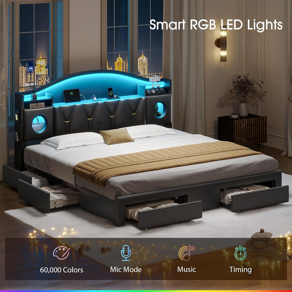 King Bed Frame with 6 Storage Drawers, Platform Bed Frame King Size with Headboard, LED Lights&Charging Station, King Bed with Metal Support, Noise-Free, No Box Spring Needed, Easy Assembly, PU Black